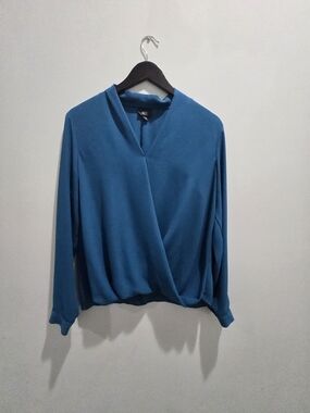 Massimo Teal Blue Wrap-Front Long Sleeve Blouse